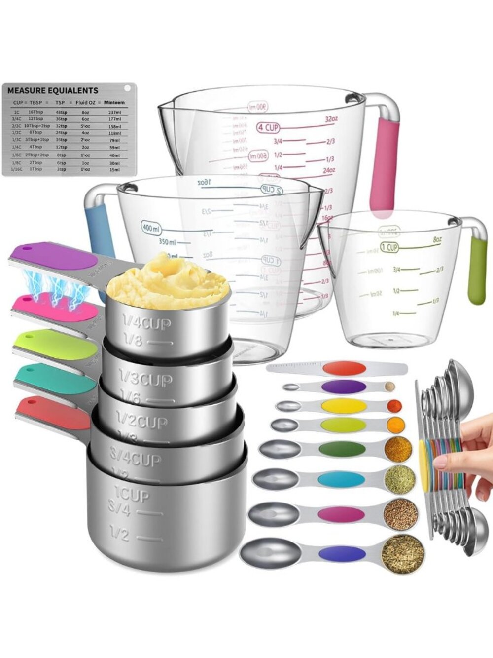 Magnetic Measuring Cups & Spoons Set - Stainless Steel, 3 Plastic Cups, Leveler